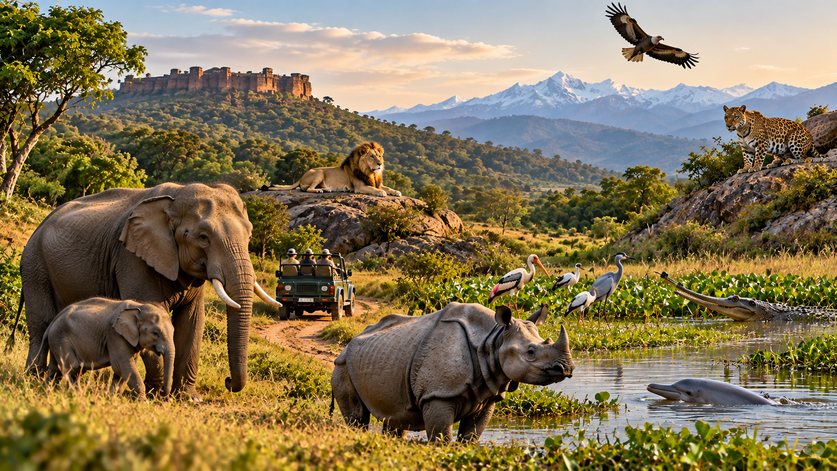 Bengal tiger and Indian wildlife safari landscape 